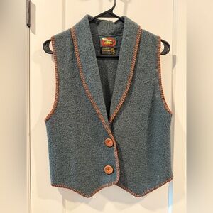Green 100% Wool Vest with Brown Trim